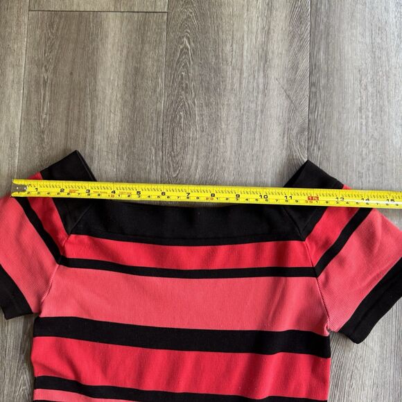 BEBE Dress Size P/S Coral Red Black Stripe Off Shoulder Bodycon Y2K Body Shaping - Picture 7 of 11